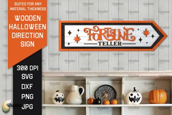 Halloween Laser Cut Sign Halloween laser cut sign shaped like an arrow with 'Fortune Teller' text in orange and black on white wood