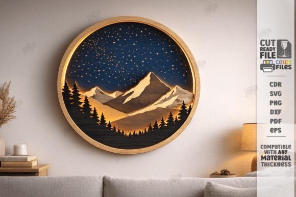 Multilayer 3D Laser Cut Wall Decor Multilayer 3D laser cut wall decor showing a circular mountain landscape with trees and starry sky