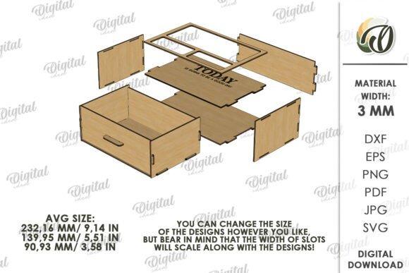Laser Cut Wooden Box Design Exploded view of a laser cut wooden box design showing separate wooden panels and dimensions