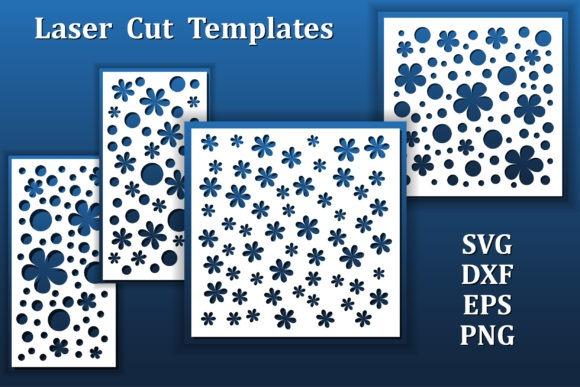 Modern Laser Cut Panels Designs Modern laser cut panels with floral and circular patterns in white on blue background