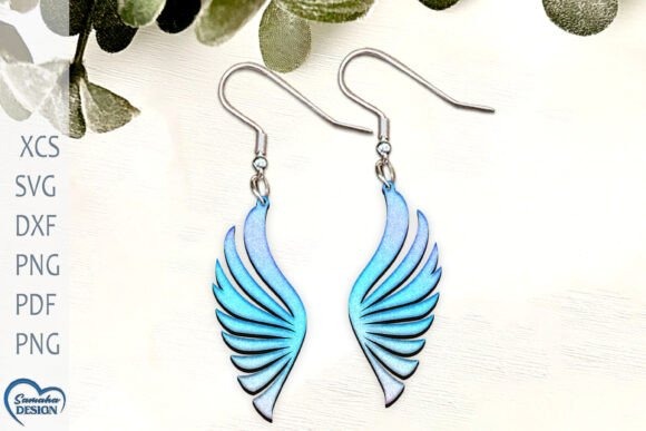 Angel Wing Laser Cut Jewelry Earrings Blue angel wing laser cut jewelry earrings with feather details and silver hooks on white background