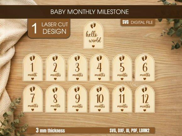 Laser Cut Card Baby Milestones Laser cut card baby monthly milestone discs from 1 to 12 months with 'hello world' design in wood