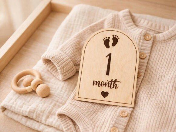 Laser Cut Card Milestone Disc Laser cut card milestone disc reading '1 month' placed on beige baby clothes with wooden rattle