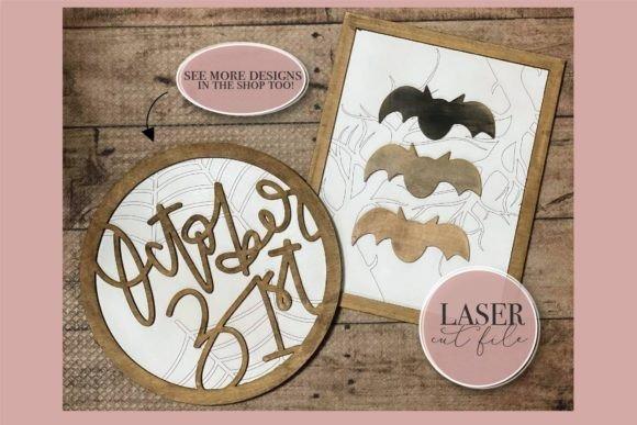 Halloween Laser Cut Wall Decorations Halloween laser cut wall decorations featuring wooden bats and circular script design on rustic background