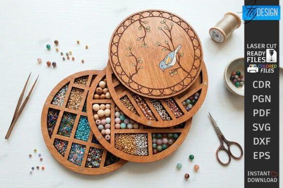 Laser Cut Jewelry Box Organizer Laser cut jewelry box with multiple compartments holding various beads and small jewelry-making supplies
