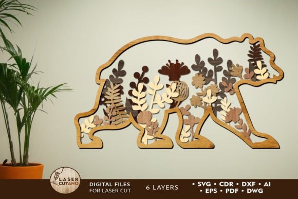 Layered Bear Wall Art — laser cut wood projects Layered bear wall art laser cut wood project with six stacked natural wood tones and plant shapes — laser cut wood projects