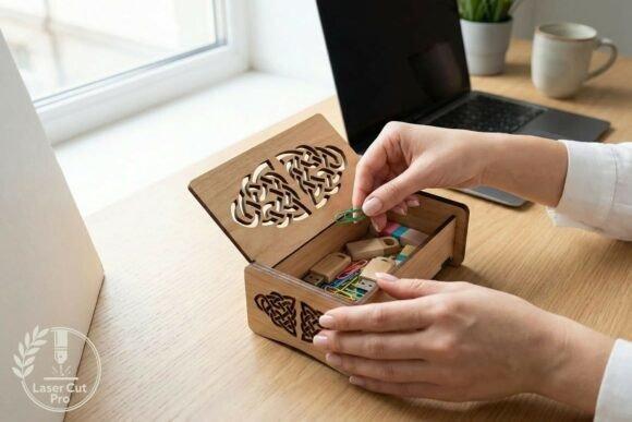 Celtic Knot Laser Cut Box — laser cut wooden box Laser cut wooden box with intricate Celtic knot design holding small colorful items