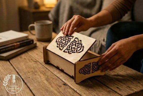 Laser Cut Wood Box with Celtic Design Laser cut wood box with intricate Celtic knot design being opened on wooden table