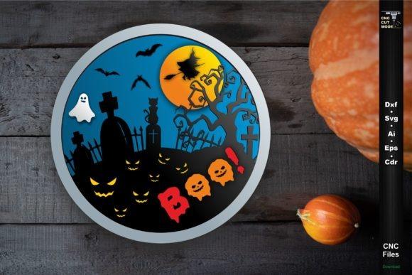 Halloween Laser Cut Sign Halloween laser cut sign with cemetery scene, tombstones, bats, ghost, full moon, and spooky tree