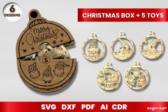 Christmas Laser Cut Gift Box — laser cut gift box designs Laser cut gift box designs featuring a Christmas-themed wooden box with gnome illustrations and five matching wooden
