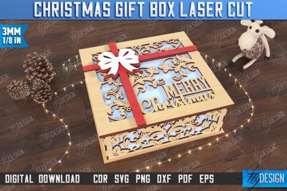 Christmas Laser Cut Box Laser cut box with intricate Christmas-themed patterns and a red ribbon with a bow on top