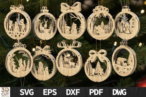 Wooden Christmas Ornaments — laser cut wood projects Laser cut wood projects featuring detailed wooden Christmas ornaments with reindeer, snowflakes, and holiday scenes