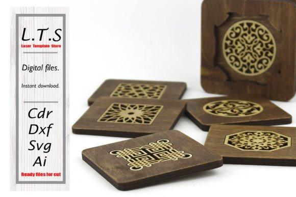 Laser Cut Wood Coasters Set — laser cut wood projects Laser cut wood projects featuring wooden coasters with intricate matching holder designs