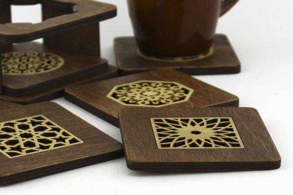 Wooden Coasters Laser Cut — laser cut wood projects Laser cut wood projects featuring wooden coasters with intricate geometric patterns and a matching holder