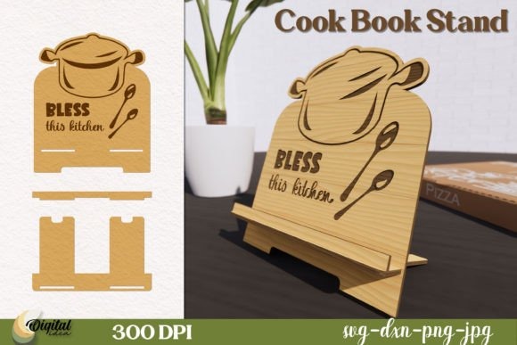 Laser Cut Cookbook Display Stand — laser cut decor ideas Wooden laser cut cookbook display stand with a pot, spoon design and 'Bless this kitchen' lettering — laser cut decor ideas