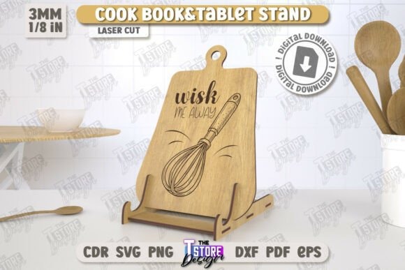 Laser Cut Cookbook Stand — laser cut decor ideas Wooden laser cut cookbook and tablet stand with whisk illustration and text — laser cut decor ideas