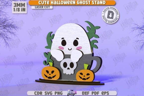 Cute Halloween Ghost Laser Cut — halloween laser cut designs Cute Halloween ghost laser cut design with smiling face, skull mug, and two jack-o-lantern — halloween laser cut designs