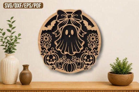 Cute Ghost Halloween Laser Cut Sign Halloween laser cut sign featuring a cute ghost with a bow, surrounded by pumpkins, flowers, and bats in a circular design