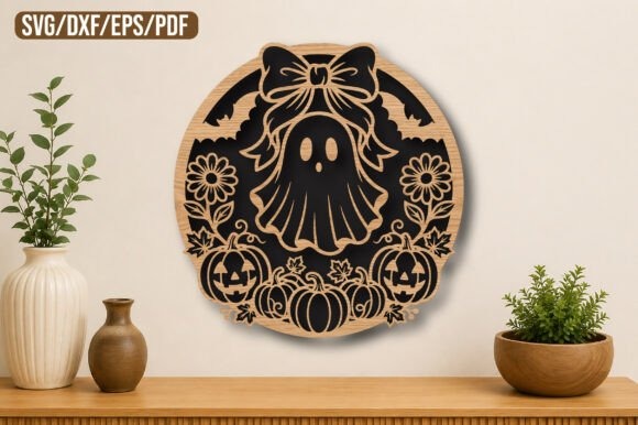 Halloween Ghost and Pumpkin Sign — halloween laser cut designs Halloween laser cut designs featuring a ghost with a bow, pumpkins, bats, flowers, and autumn leaves in a circular wooden