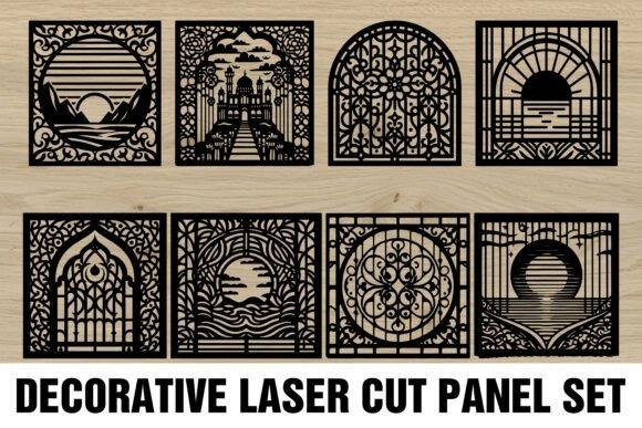 Modern Laser Cut Panels Set Set of eight modern laser cut panels with intricate patterns including landscapes, geometric and floral designs