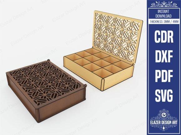 Laser Cut Gift Box Designs Laser cut gift box designs with geometric floral patterns, one open with compartments and one closed in dark wood