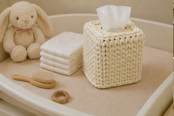 Square Tissue Box Laser Cut Cover Square tissue box laser cut cover with knitted texture on bathroom tray alongside baby items
