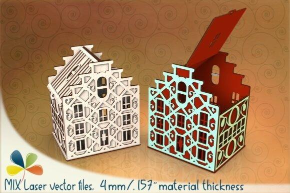 House-Shaped Laser Cut Gift Boxes — laser cut gift box designs Two laser cut gift box designs shaped like decorative houses with intricate window and roof patterns