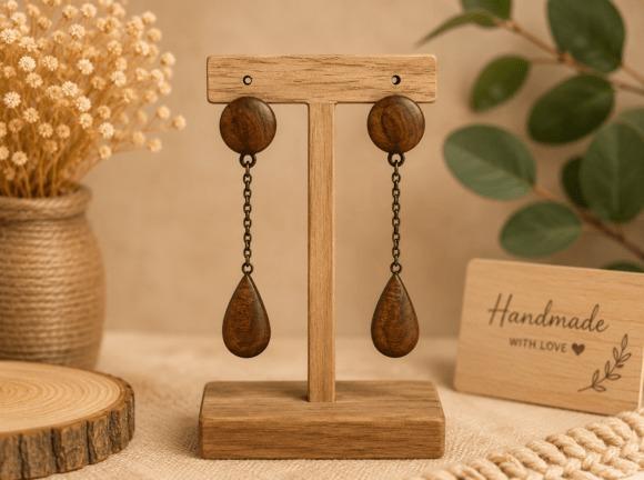 Laser Cut Jewelry Dangle Earrings Laser cut jewelry wooden round and teardrop dangle earrings on display stand
