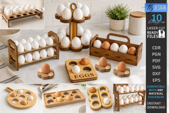 Laser Cut Egg Organizers — laser cut decor ideas Laser cut decor ideas featuring various wooden egg organizers with precise openings and decorative designs