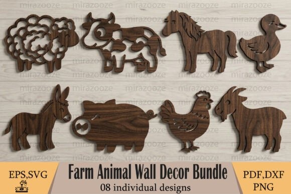 Farm Animal Laser Cut Decor — laser cut decor ideas Wooden laser cut decor ideas featuring farm animal silhouettes including sheep, cow, horse, duck, donkey, pig, chicken, and