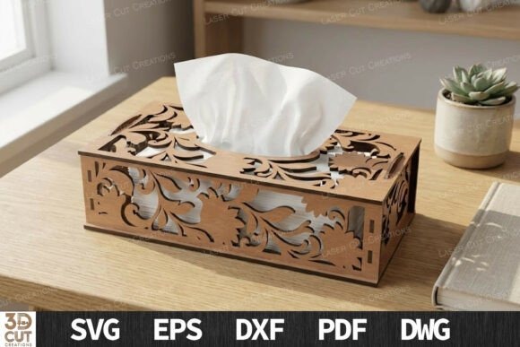Floral Tissue Box Laser Cut Wooden tissue box laser cut with floral design showing leaves and vines on side panels