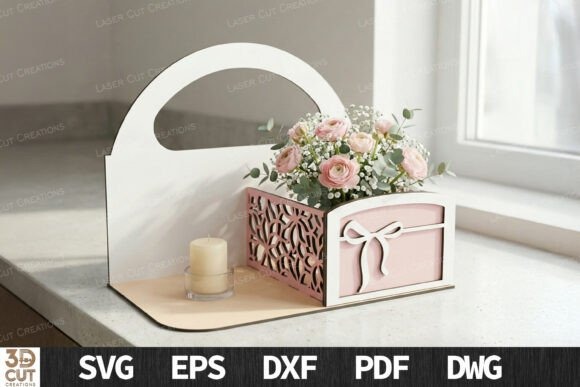 Decorative Laser Cut Box Laser cut box with decorative floral cutouts holding pink and white artificial flowers on a windowsill