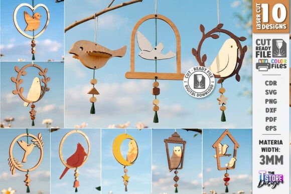 Hanging Bird Ornaments — laser cut decor ideas Laser cut decor ideas featuring hanging bird ornaments in various shapes and intricate patterns