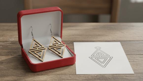 Laser Cut Jewelry Geometric Earrings Laser cut jewelry geometric triangle earrings displayed in a red box with matching design sketch on paper