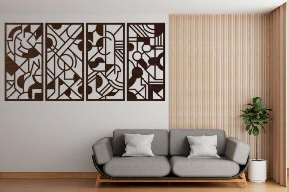 Wooden Laser Cut Wall Decor Four-panel geometric wooden laser cut wall decor with modern abstract patterns above a gray sofa