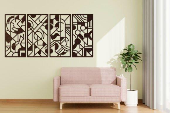 Four-Panel Modern Laser Cut Panels Modern laser cut panels with geometric abstract design in four coordinated wall art pieces above a pink sofa