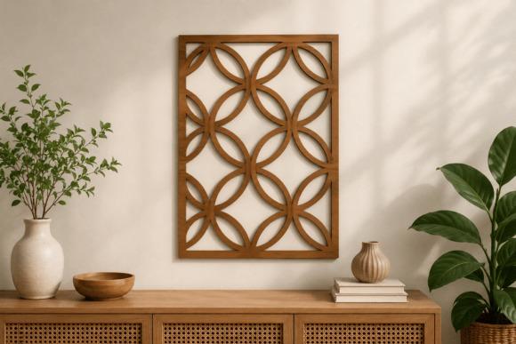 Modern Geometric Laser Cut Panel — modern laser cut panels modern laser cut panels with interlocking circular geometric design on beige wall above wooden sideboard
