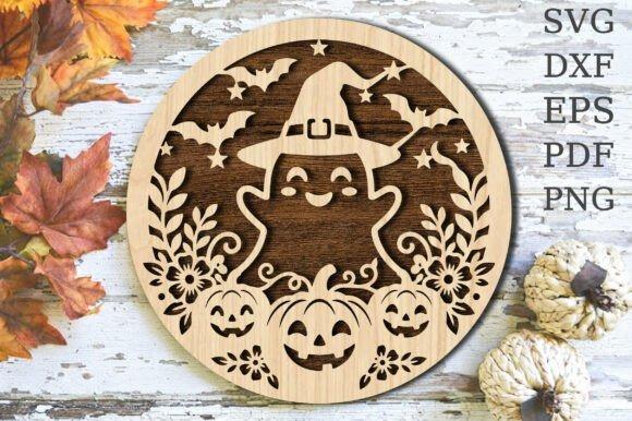 Ghost and Pumpkin Halloween Wall Art — Halloween laser cut wall decorations Halloween laser cut wall decorations featuring a ghost with a witch hat surrounded by bats and jack-o’-lantern pumpkins
