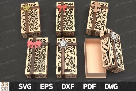 Laser Cut Wood Gift Boxes — laser cut wood projects Laser cut wood projects showing six intricately designed wooden gift boxes with floral and geometric patterns and decorative
