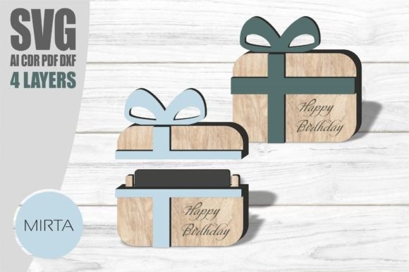 Layered Birthday Gift Card Holder — laser cut card Layered birthday gift card holder with blue bow and Happy Birthday text in laser cut card design