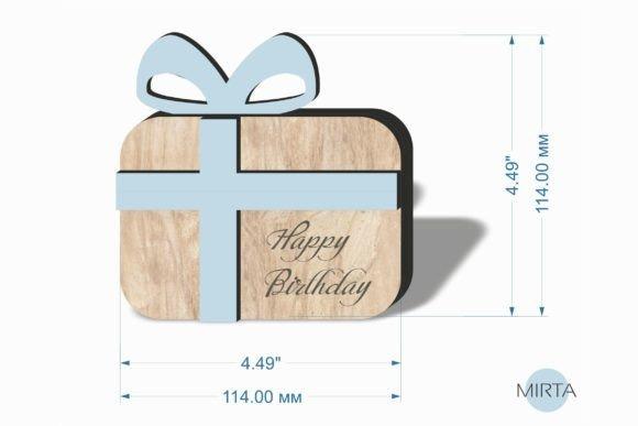 Laser Cut Birthday Gift Card — laser cut card Laser cut card shaped like a gift box with a bow and Happy Birthday text, measuring 4.49 inches square