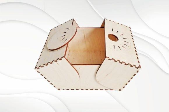 Sun Pattern Laser Cut Jewelry Box Laser cut jewelry box with sun pattern design on wooden flaps, open showing empty interior