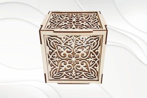 Carved Square Laser Cut Jewelry Box Laser cut jewelry box with intricate carved square design and decorative side panels in natural plywood
