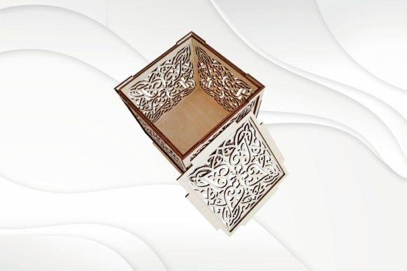 Carved Square Laser Cut Jewelry Box Laser cut jewelry box with intricate carved square design and decorative side panels in natural plywood