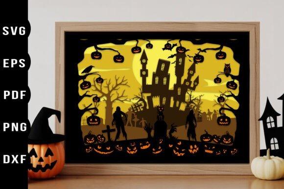 Layered Haunted Graveyard Sign — wooden laser cut Halloween signs Wooden laser cut Halloween signs showing a layered haunted graveyard scene with pumpkins, bats, ghosts, and a spooky castle