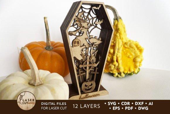 Halloween Laser Cut Coffin Decoration — Halloween laser cut wall decorations Halloween laser cut wall decorations coffin silhouette with layered spooky design including bats, skulls, and spider webs