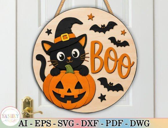 Happy Halloween Laser Cut Sign — happy halloween laser cut signs Happy Halloween laser cut signs featuring a black cat in a witch hat with a pumpkin, bats, and stars on a round wooden
