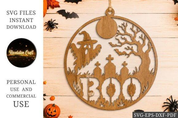 Wooden BOO Halloween Sign — wooden laser cut Halloween signs Wooden laser cut Halloween signs featuring a BOO design with ghost, tree, and gravestones in a circular frame