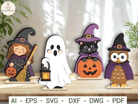 Happy Halloween Laser Cut Signs Happy halloween laser cut signs featuring a witch, ghost, black cat with pumpkin, and owl in witch hats on a wooden surface
