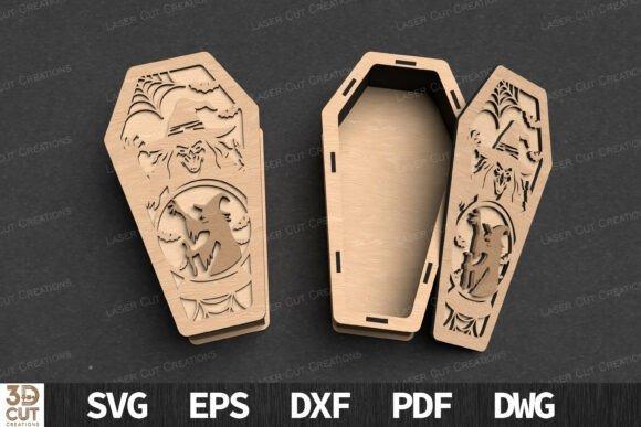 Halloween Coffin Box Design — halloween laser cut designs Wooden Halloween coffin box laser cut design with spooky patterns including a witch, spider — halloween laser cut designs